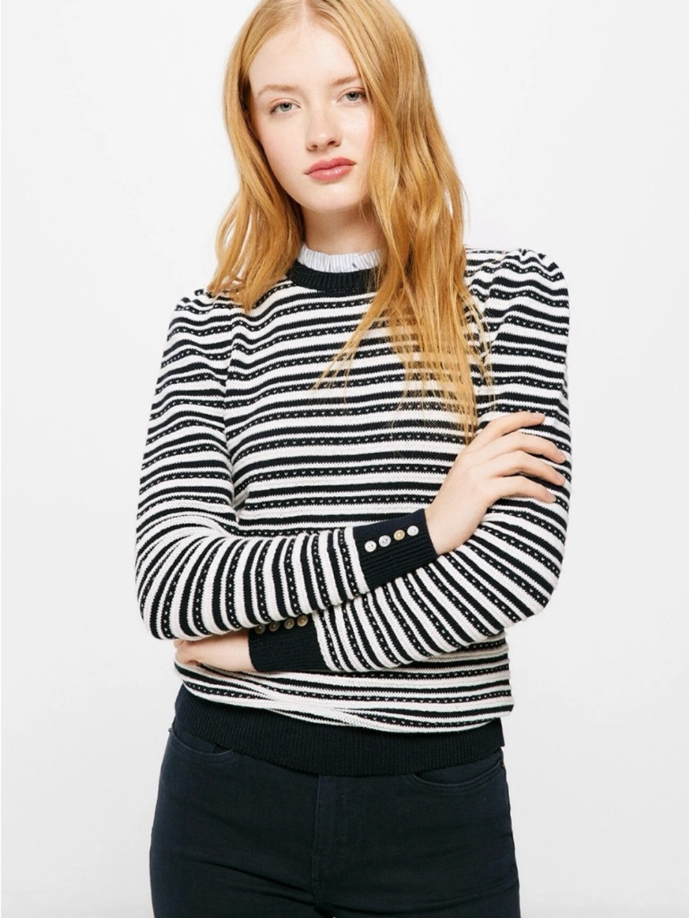 Springfield Double Collar Cottagecore Knit Striped Winter Sweater